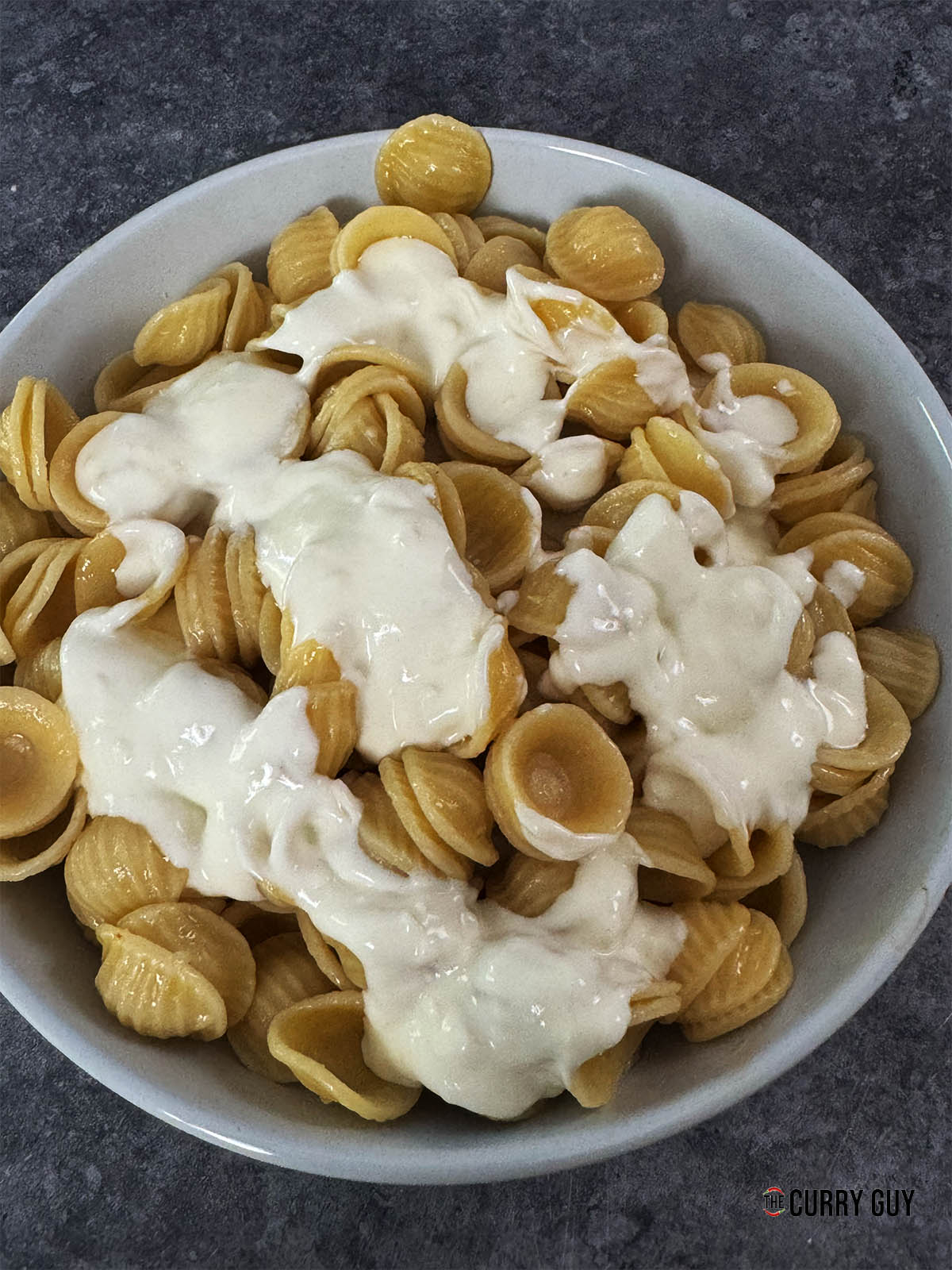 The pasta topped with the yoghurt sauce.