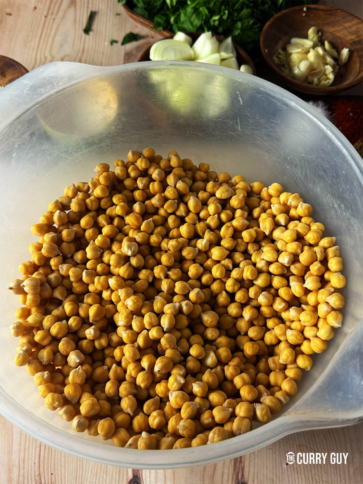 The dried chickpeas after soaking for 24 hours.