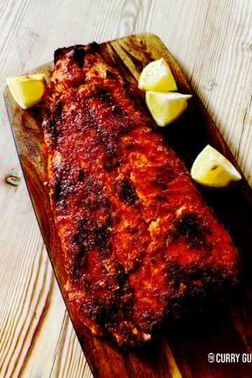 Harissa salmon on a serving platter