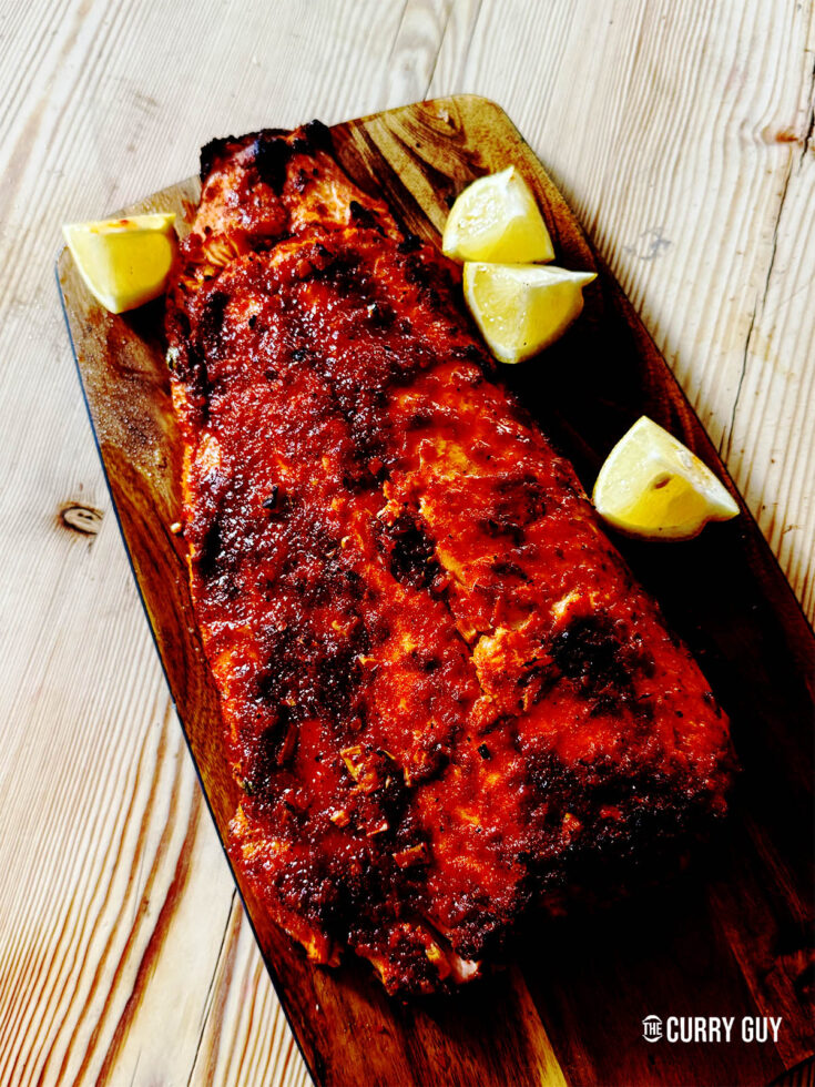Harissa salmon on a serving platter