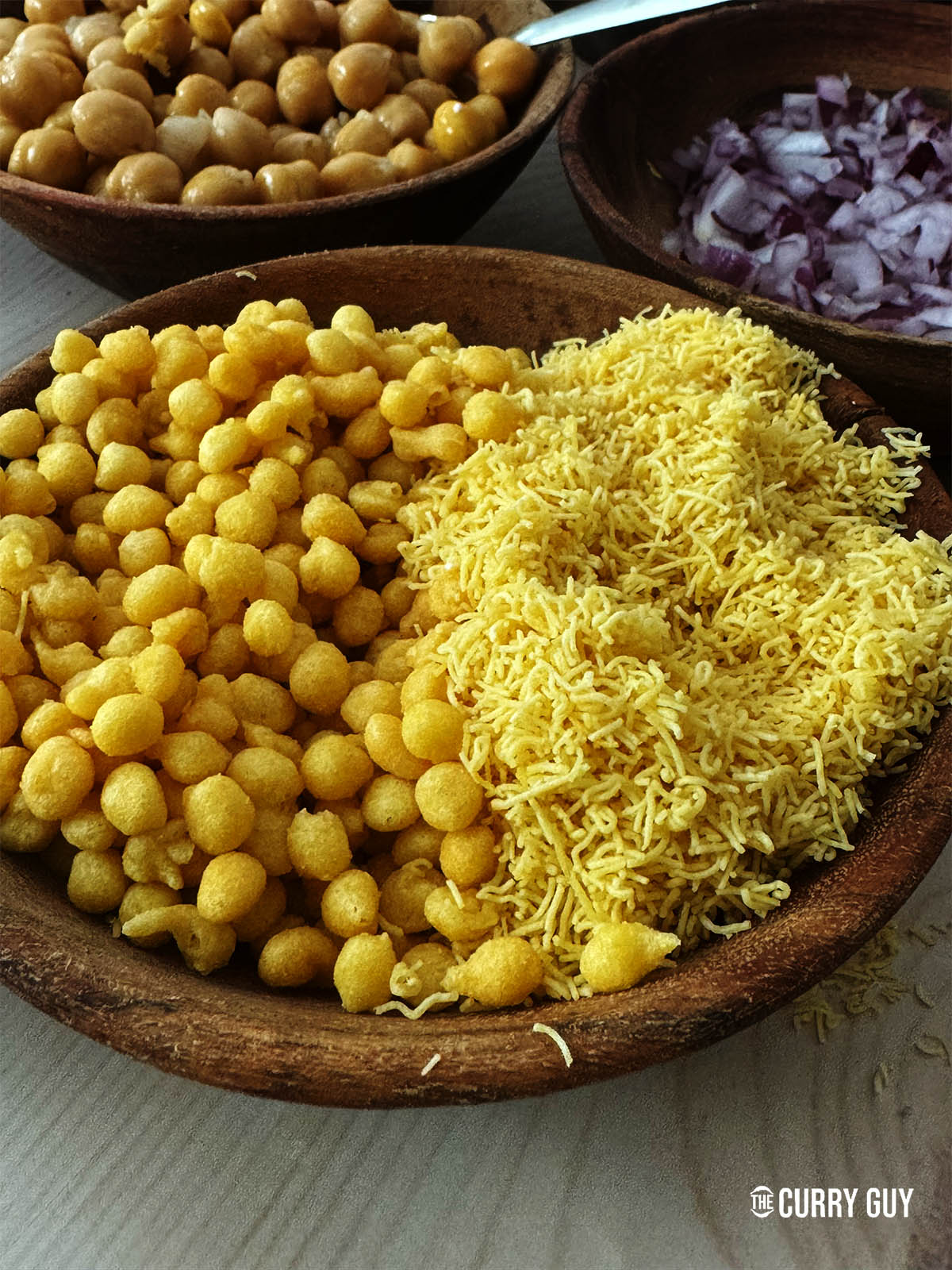 Bundi and fine sev in a bowl.