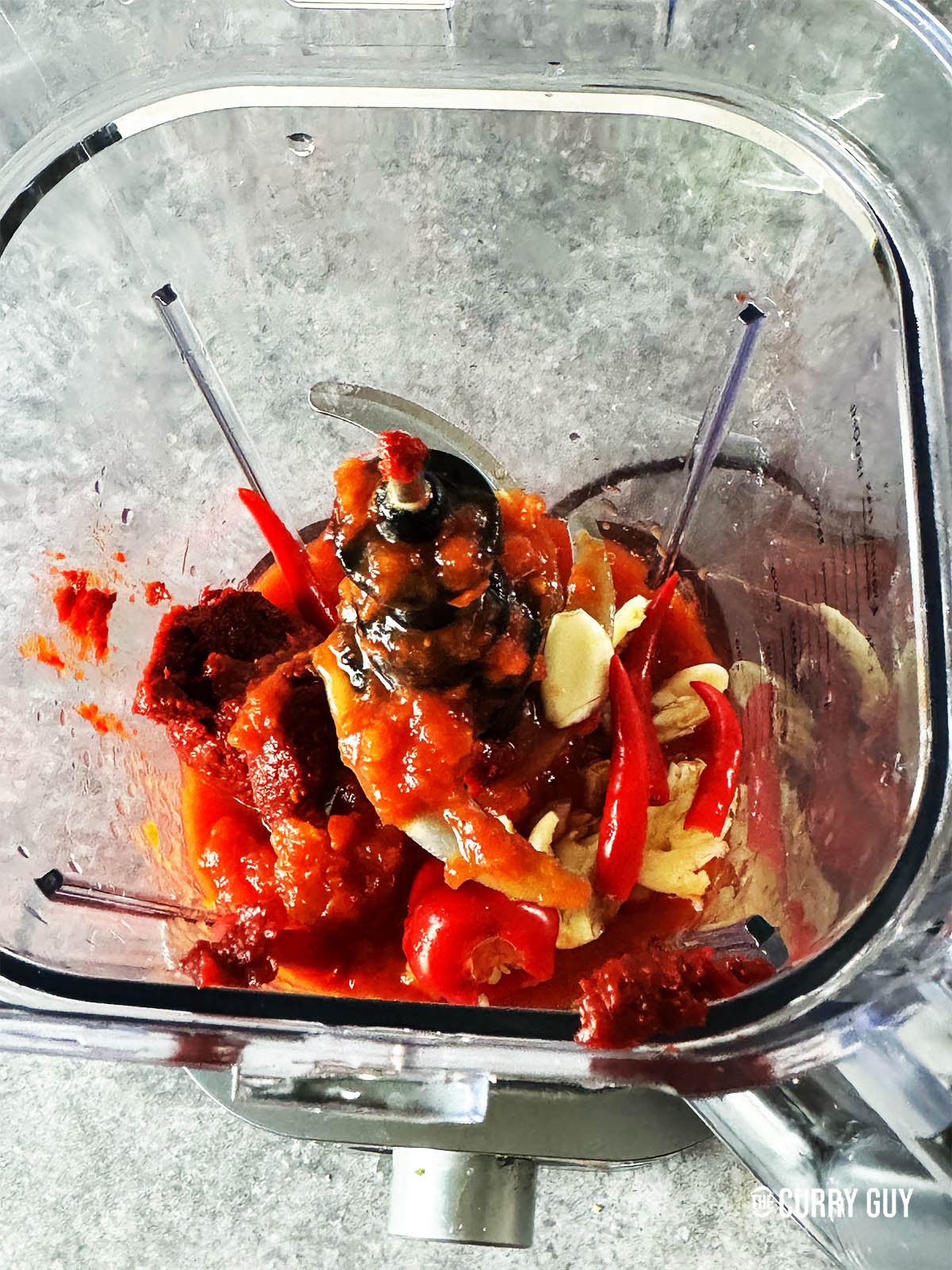 The ingredients for the red sauce in a blender.