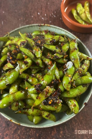 Spicy Edamame in a serving bowl.
