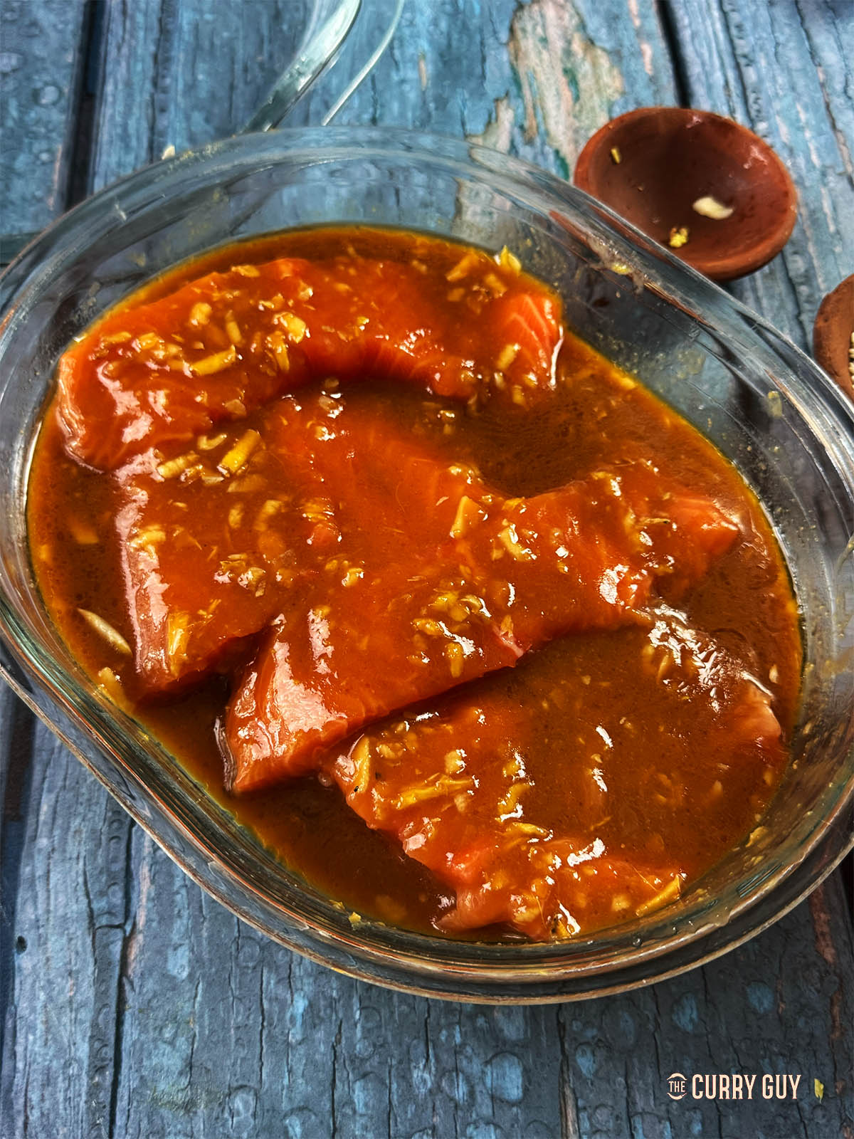 The salmon marinating in the miso marinade.