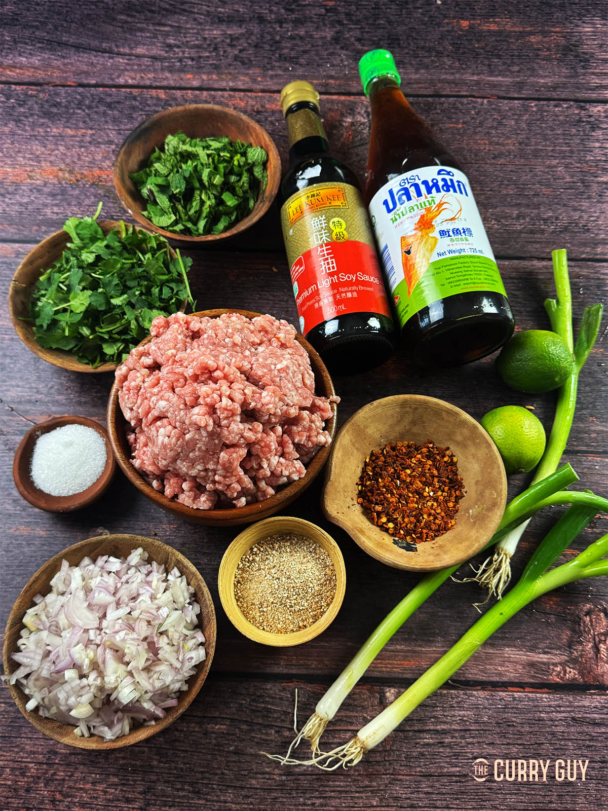 The ingredients for the larb recipe on a countertop. 